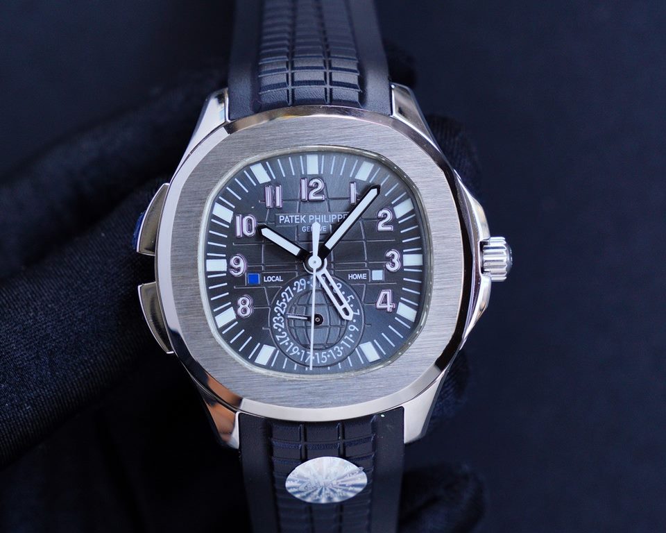 The Patek Philippe AQUANAUT collection is proud to present the first casual-style Dual Time watch - model 5164! With two hour hands (indicating local time and time of origin), a daynight display and a pointer date, the s