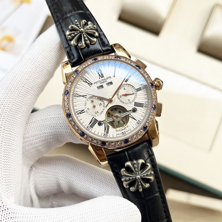 Gold and white with, Patek Philippe Men's Watch (Business Casual) New multifunction style Automatic mechanical movement Diameter 42mm thick bottom 12mm Tempered glass 316 steel case cover Bottom cover permeable bottom Ge