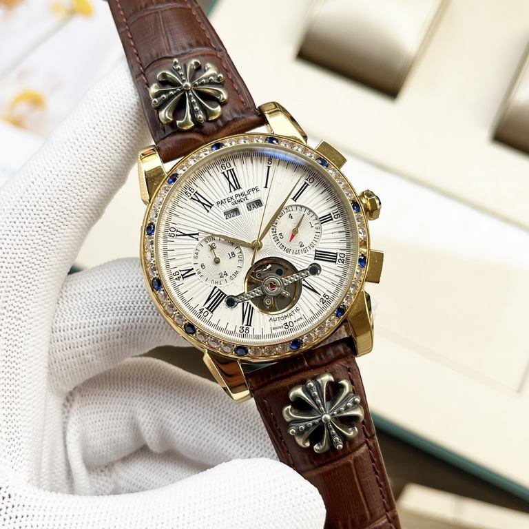 Gold and white with, Patek Philippe Men's Watch (Business Casual) New multifunction style Automatic mechanical movement Diameter 42mm thick bottom 12mm Tempered glass 316 steel case cover Bottom cover permeable bottom Ge