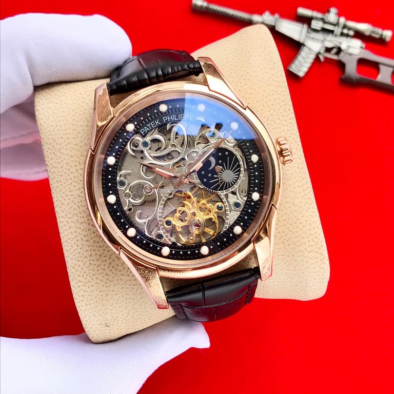 Brand Patek Philippe  PatekPhilppeStyle Prestige Gentleman's Hipster  MechanicalSize 44mm x 14mmMovement 3-hand skeletonized flywheel fully automatic mechanicalMirror mineral crystalMaterial 316 stainless steelClasp pin 