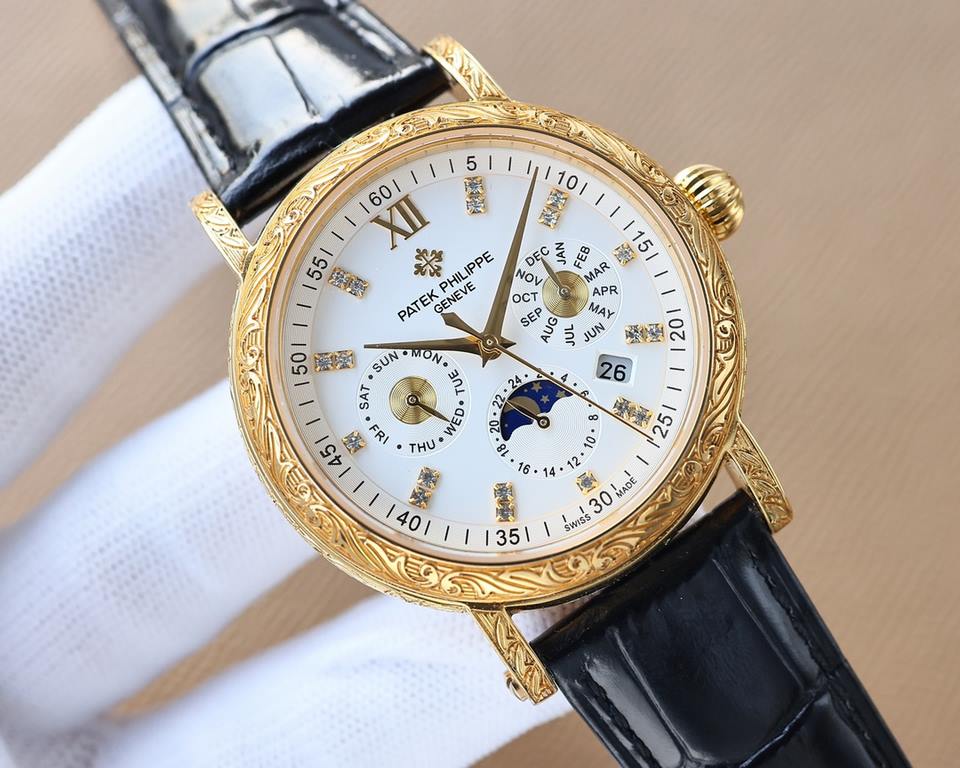 White-Gold. New Engraved Collection Patek Philippe (actual photo) Patek Philippe The aristocrat's work of art! With imported 9100 multifunctional movement (0 repairs) functions (24 hours, day of the week, star, month) im