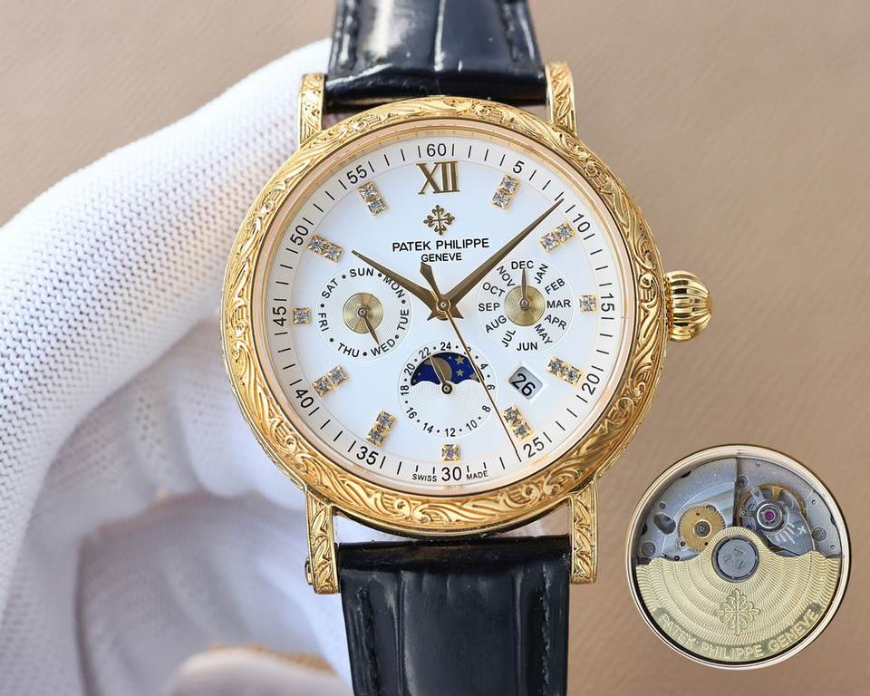 White-Gold. New Engraved Collection Patek Philippe (actual photo) Patek Philippe The aristocrat's work of art! With imported 9100 multifunctional movement (0 repairs) functions (24 hours, day of the week, star, month) im