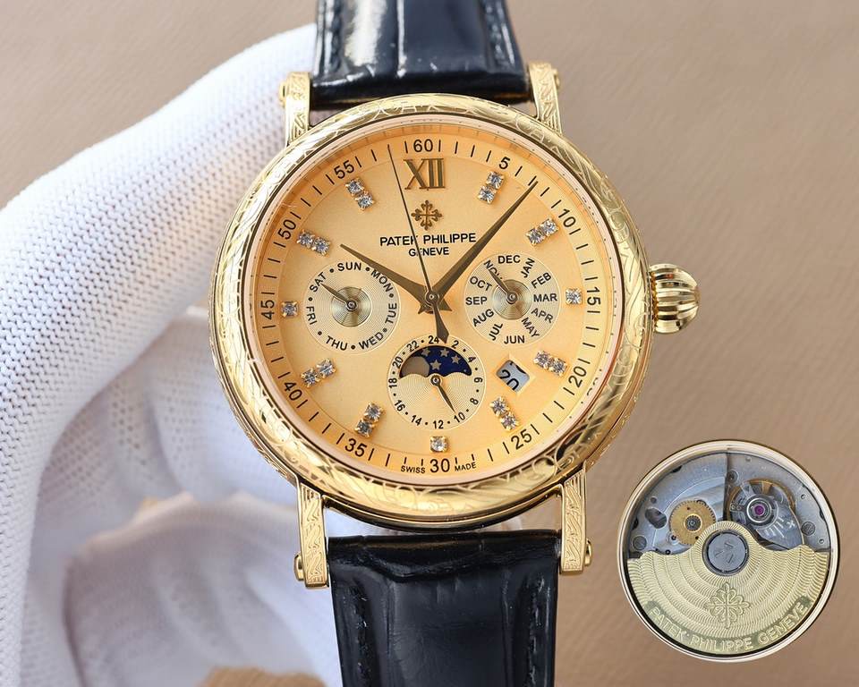 White-Gold. New Engraved Collection Patek Philippe (actual photo) Patek Philippe The aristocrat's work of art! With imported 9100 multifunctional movement (0 repairs) functions (24 hours, day of the week, star, month) im