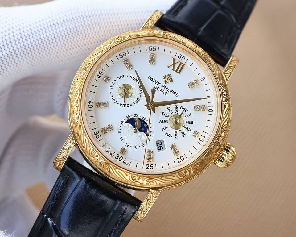 White-Gold. New Engraved Collection Patek Philippe (actual photo) Patek Philippe The aristocrat's work of art! With imported 9100 multifunctional movement (0 repairs) functions (24 hours, day of the week, star, month) im