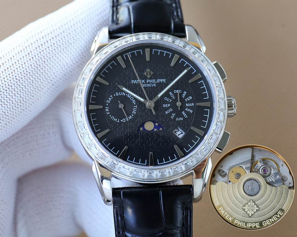 The latest Patek Philippe with imported 9100 multifunctional movement (zero repair) functions (24 hours, day of the week, star, month) imported 316 stainless steel! Imported 316 stainless steel! Original folding clasp! S