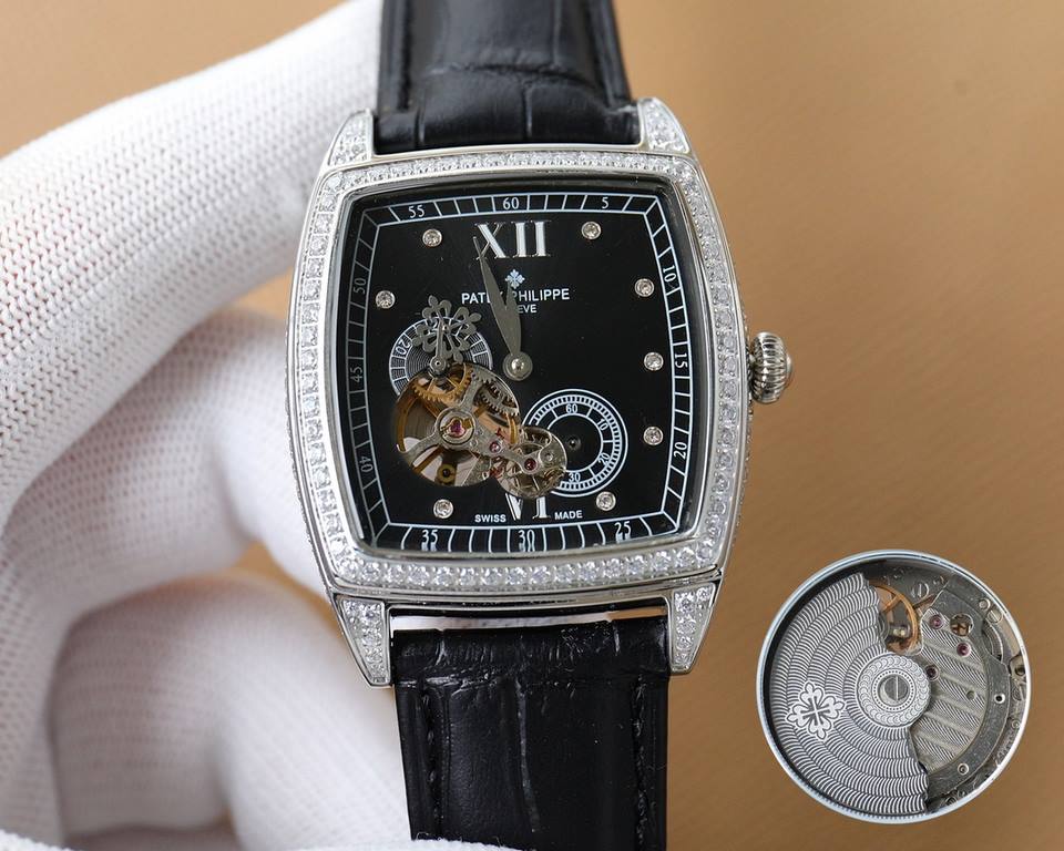 Gold and white with. Patek Philippe - PATEK PHILIPPE full star new men's full full diamond trench set watch equipped with automatic 28S2 mechanical movement 904L steel case Italian calfskin strap ultra-clear high-intensi