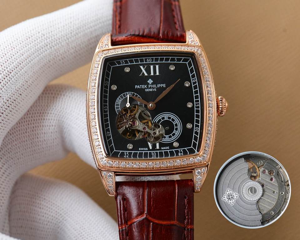 Gold and white with. Patek Philippe - PATEK PHILIPPE full star new men's full full diamond trench set watch equipped with automatic 28S2 mechanical movement 904L steel case Italian calfskin strap ultra-clear high-intensi