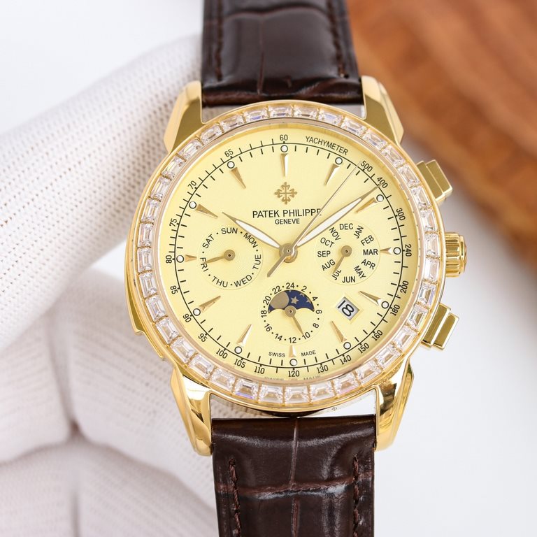 Patek Philippe Patek Philippe complication watch, elegant and noble, with imported 9100 caliber (zero repair) functions (24 hours, day, star, month) imported 316 steel! With imported Italian calfskin! Original pin buckle