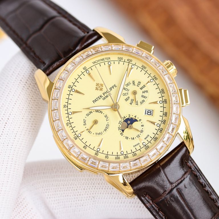 Patek Philippe Patek Philippe complication watch, elegant and noble, with imported 9100 caliber (zero repair) functions (24 hours, day, star, month) imported 316 steel! With imported Italian calfskin! Original pin buckle