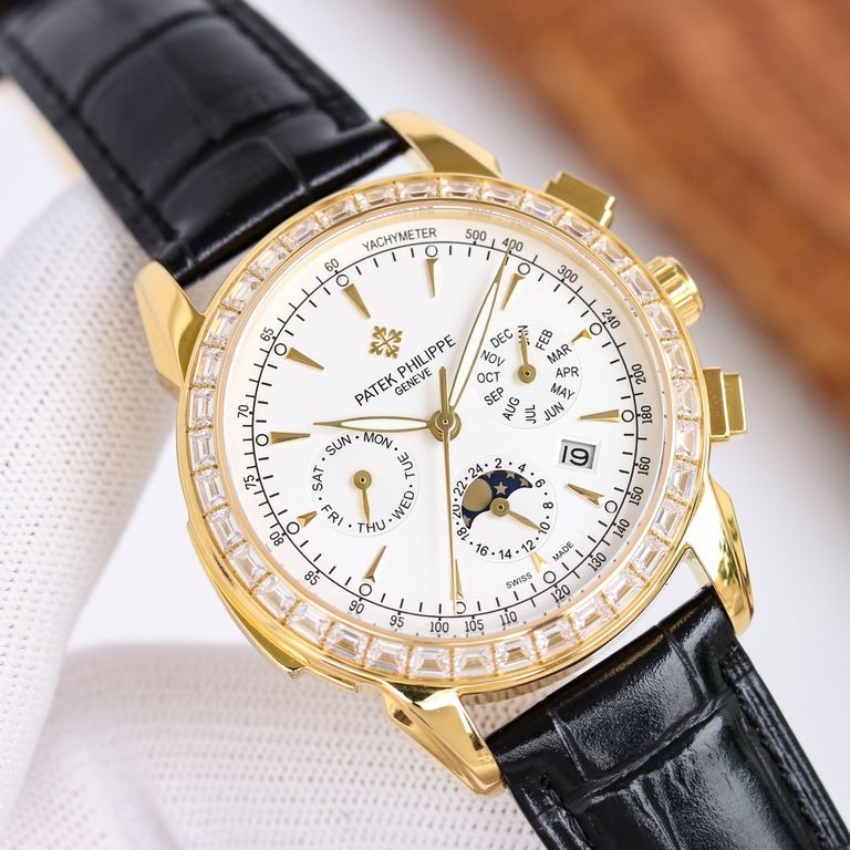 Patek Philippe Patek Philippe complication watch, elegant and noble, with imported 9100 caliber (zero repair) functions (24 hours, day, star, month) imported 316 steel! With imported Italian calfskin! Original pin buckle