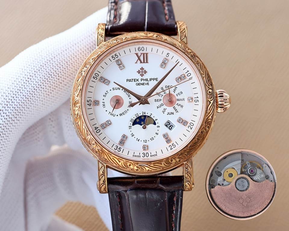 White-Gold. New Engraved Collection Patek Philippe (actual photo) Patek Philippe The aristocrat's work of art! With imported 9100 multifunctional movement (0 repairs) functions (24 hours, day of the week, star, month) im