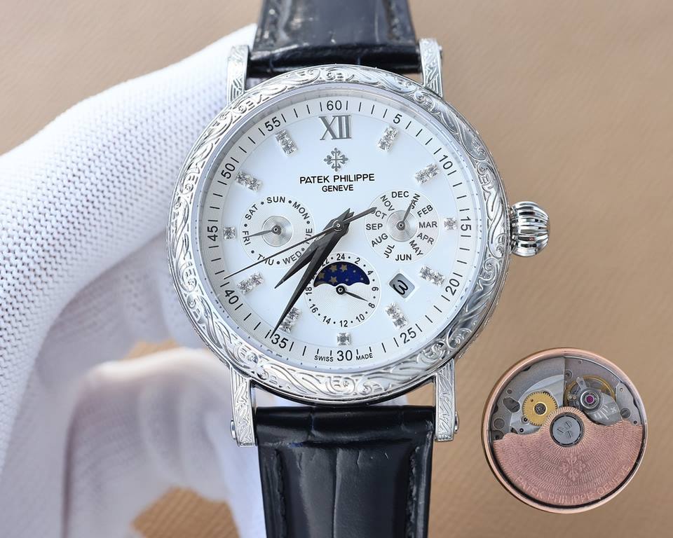 White-Gold. New Engraved Collection Patek Philippe (actual photo) Patek Philippe The aristocrat's work of art! With imported 9100 multifunctional movement (0 repairs) functions (24 hours, day of the week, star, month) im