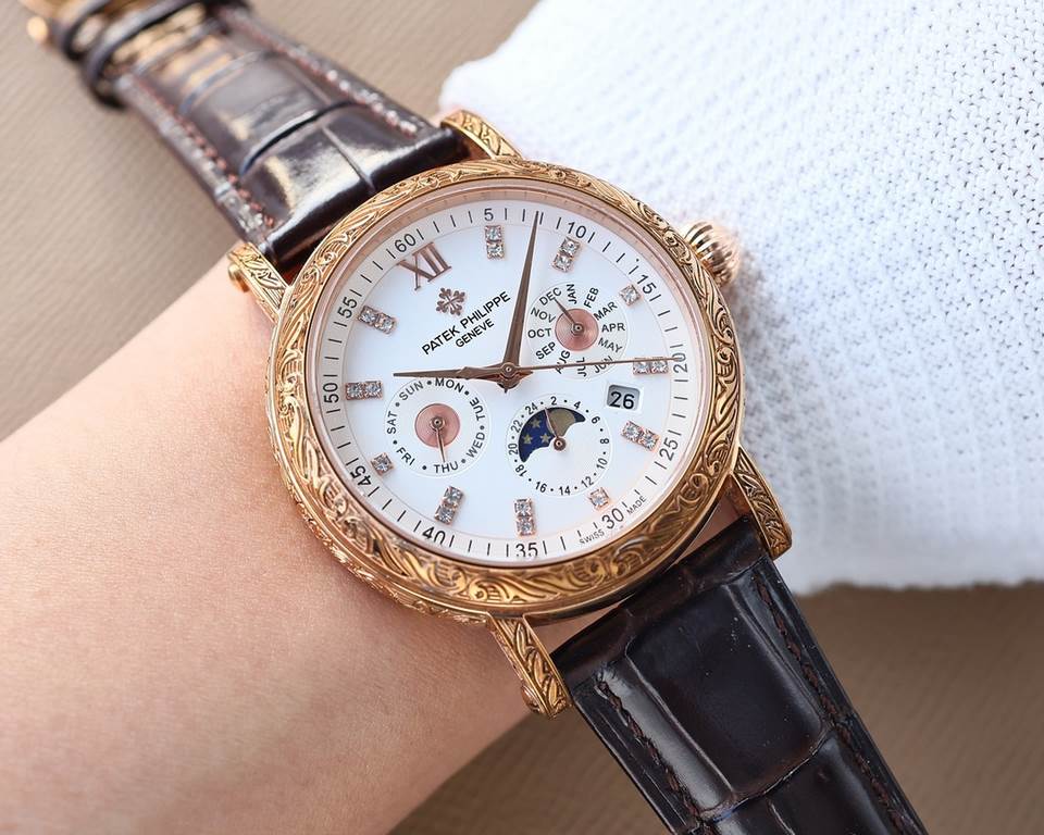 White-Gold. New Engraved Collection Patek Philippe (actual photo) Patek Philippe The aristocrat's work of art! With imported 9100 multifunctional movement (0 repairs) functions (24 hours, day of the week, star, month) im