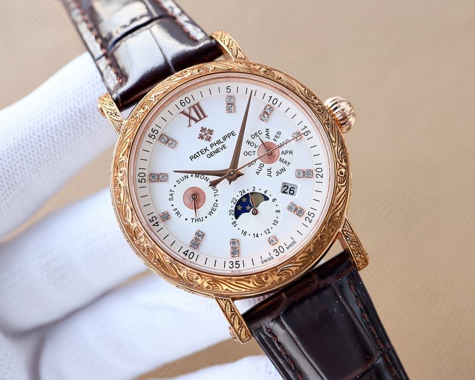 White-Gold. New Engraved Collection Patek Philippe (actual photo) Patek Philippe The aristocrat's work of art! With imported 9100 multifunctional movement (0 repairs) functions (24 hours, day of the week, star, month) im