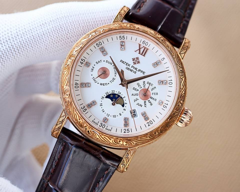 White-Gold. New Engraved Collection Patek Philippe (actual photo) Patek Philippe The aristocrat's work of art! With imported 9100 multifunctional movement (0 repairs) functions (24 hours, day of the week, star, month) im