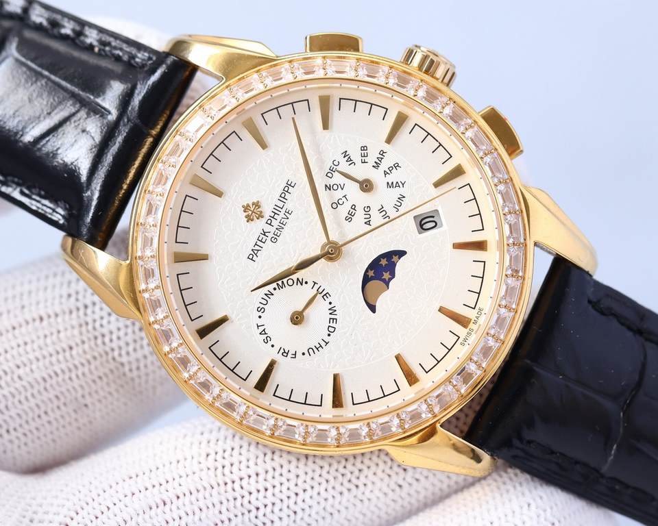 The latest Patek Philippe with imported 9100 multifunctional movement (zero-repair) functions (24 hours, day of the week, star, month) imported 316 stainless steel! Imported 316 stainless steel! Original folding clasp! S