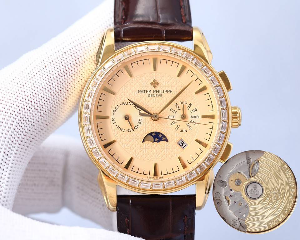 The latest Patek Philippe with imported 9100 multifunctional movement (zero-repair) functions (24 hours, day of the week, star, month) imported 316 stainless steel! Imported 316 stainless steel! Original folding clasp! S