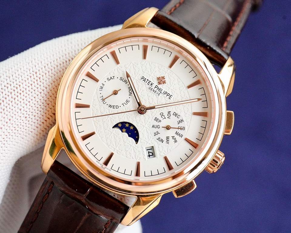 [Rose][Rose] PP newest model Patek Philippe Patek Philippe with imported 9100 multi-function movement (zero return) function (24 hours, day, star, month) imported 316 steel! With imported Italian calfskin! Original foldi