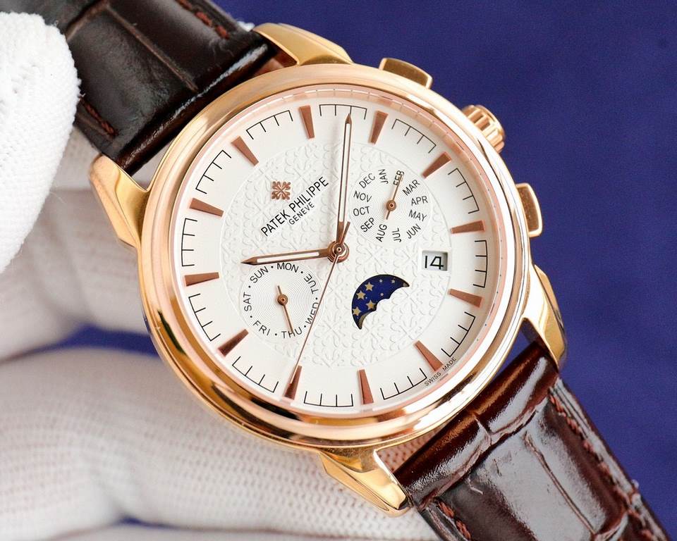 [Rose][Rose] PP newest model Patek Philippe Patek Philippe with imported 9100 multi-function movement (zero return) function (24 hours, day, star, month) imported 316 steel! With imported Italian calfskin! Original foldi