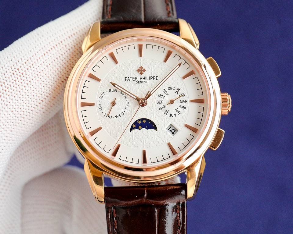 [Rose][Rose] PP newest model Patek Philippe Patek Philippe with imported 9100 multi-function movement (zero return) function (24 hours, day, star, month) imported 316 steel! With imported Italian calfskin! Original foldi