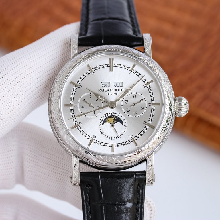 . Patek Philippe 5270P-336 Grande Complication 40mm diameter double-layered stainless steel engraved case, a tribute to the classic design language of cream-colored dial to create a vintage atmosphere, the dial edges are