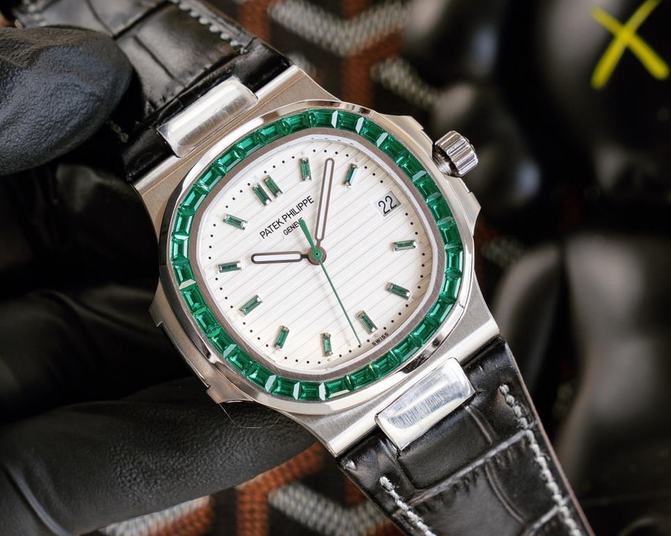 Patek Philippe 5711113P-01 Nautilus, the king of steel watches, is available in a limited edition. The octagonal square bezel is set with emerald and ruby baguettes of exceptional color. Horizontal cross-grained dial set