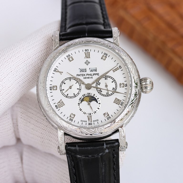 Patek Philippe 5270P-336 Grande Complication 40 mm diameter double-layered stainless steel engraved case pays homage to the classic design language of the cream-colored dial to create a vintage atmosphere, the dial edges