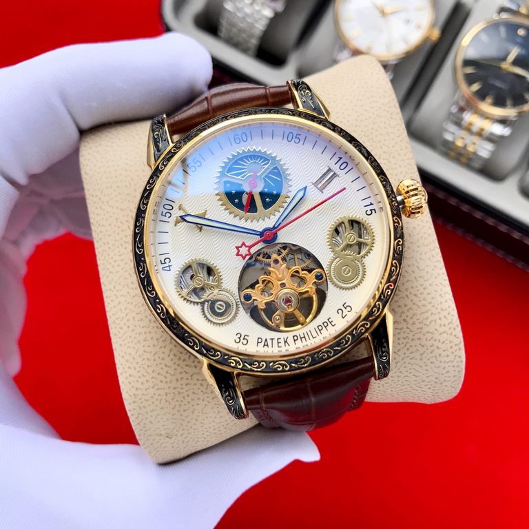 Brand Patek Philippe  PatekPhilppeStyle Prestige Gentleman's Hipster  MechanicalSize 44mm x 14mmMovement 3-hand skeletonized flywheel fully automatic mechanicalMirror mineral crystalMaterial 316 stainless steelClasp pin 