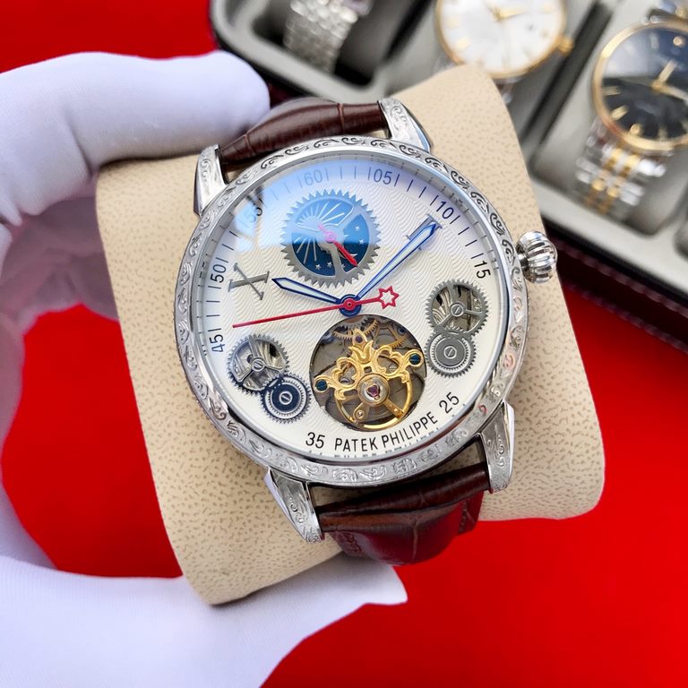 Brand Patek Philippe  PatekPhilppeStyle Prestige Gentleman's Hipster  MechanicalSize 44mm x 14mmMovement 3-hand skeletonized flywheel fully automatic mechanicalMirror mineral crystalMaterial 316 stainless steelClasp pin 