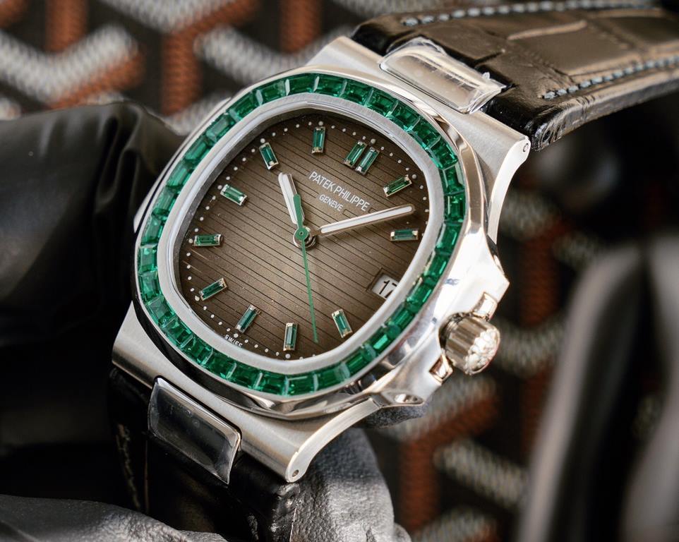 Patek Philippe 5711113P-01 Nautilus, the king of steel watches, is available in a limited edition. The octagonal square bezel is set with emerald and ruby baguettes of exceptional color. Horizontal cross-grained dial set