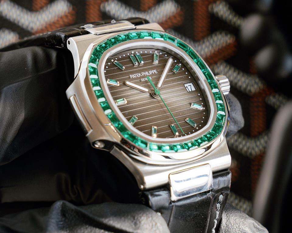 Patek Philippe 5711113P-01 Nautilus, the king of steel watches, is available in a limited edition. The octagonal square bezel is set with emerald and ruby baguettes of exceptional color. Horizontal cross-grained dial set