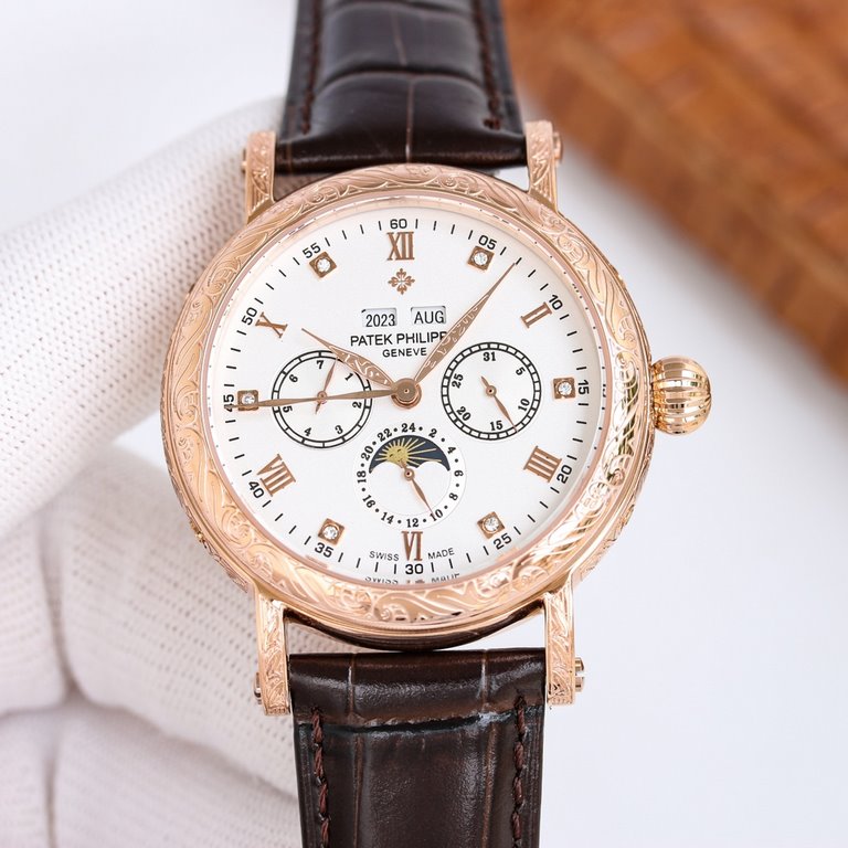 Patek Philippe 5270P-336 Grande Complication 40 mm diameter double-layered stainless steel engraved case pays homage to the classic design language of the cream-colored dial to create a vintage atmosphere, the dial edges