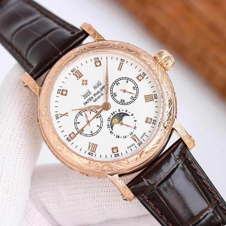 Patek Philippe 5270P-336 Grande Complication 40 mm diameter double-layered stainless steel engraved case pays homage to the classic design language of the cream-colored dial to create a vintage atmosphere, the dial edges