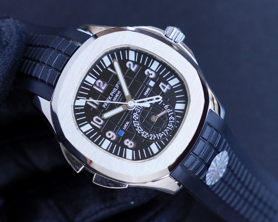 The Patek Philippe AQUANAUT collection is proud to present the first casual-style Dual Time watch - model 5164! With two hour hands (indicating local time and time of origin), a daynight display and a pointer date, the s