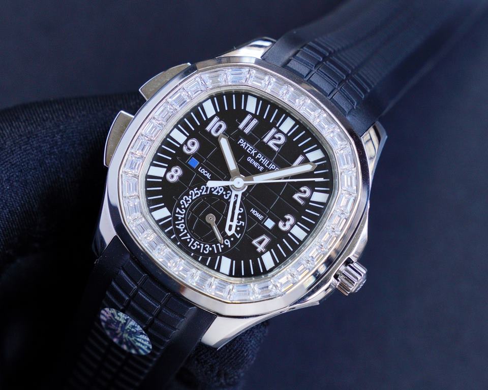 The Patek Philippe AQUANAUT collection is proud to present the first casual-style Dual Time watch - model 5164! With two hour hands (indicating local time and time of origin), a daynight display and a pointer date, the s