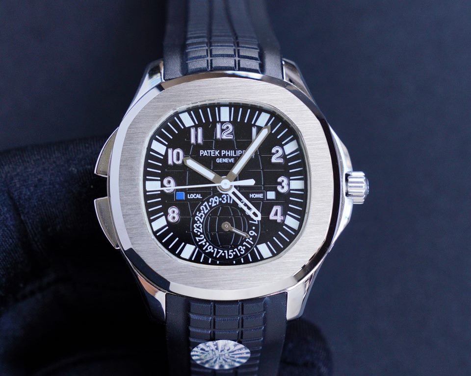 The Patek Philippe AQUANAUT collection is proud to present the first casual-style Dual Time watch - model 5164! With two hour hands (indicating local time and time of origin), a daynight display and a pointer date, the s