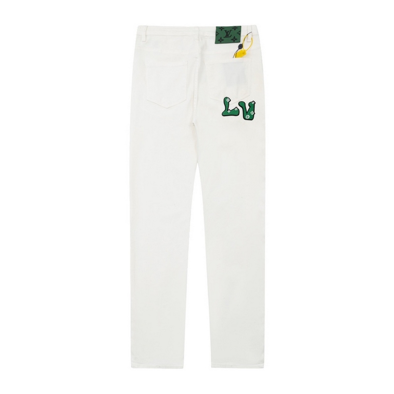 LV Louis Vuitton white toothbrush towel embroidered jeans 2023 latest products, counter synchronization is available, the original single goods, washed casual jeans, imported original washed stretch fabrics, comfortable 