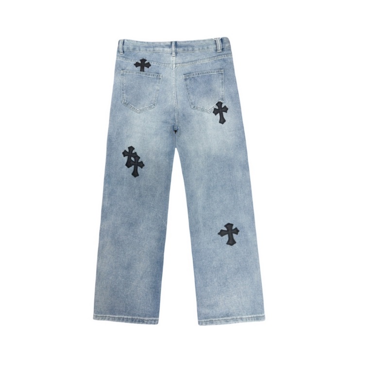 Chrome HeartsCrocker Classic Denim Blue Washed and Aged Patch Leather Cross JeansOne of the brightest pants on the runway this year, the original 13 ounce fabric, the hardest part of the pants was the pattern, because of