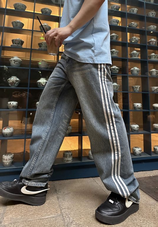 BLCG X Adidas Co-Branded Striped Side Washed Denim Trousers Top Result#