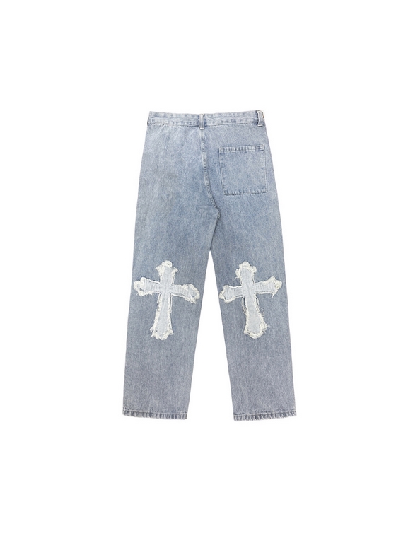 Chrome HeartsCrocker Classic Denim Blue Washed and Aged Patch Leather Cross JeansOne of the brightest pants on the runway this year, the original 13 ounce fabric, the hardest part of the pants was the pattern, because of