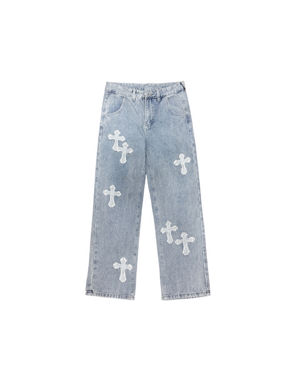 Chrome HeartsCrocker Classic Denim Blue Washed and Aged Patch Leather Cross JeansOne of the brightest pants on the runway this year, the original 13 ounce fabric, the hardest part of the pants was the pattern, because of