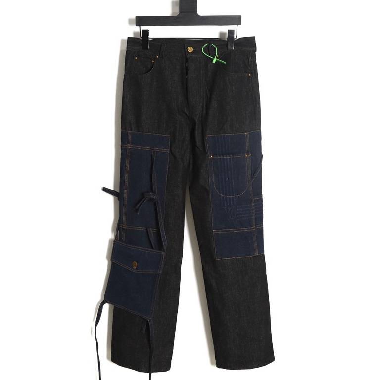 Louis Vuitton LV Louis Vuitton 22FW Kunlun mountain range patchwork pocket tie jeansSelected high-count, high-density twill bamboo fabric washed color, the color at the tie pockets and the Kunlun Mountains pad embroidery