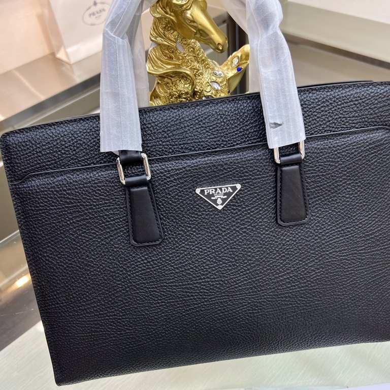 PRADA Prada New Briefcase Made of imported cowhide leather, top polished stainless steel finish metal accessories , front exterior triangular enamel logo, ring head with combination lock, simple and generous business Suc