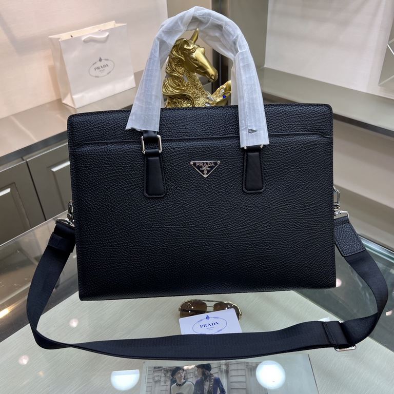 PRADA Prada New Briefcase Made of imported cowhide leather, top polished stainless steel finish metal accessories , front exterior triangular enamel logo, ring head with combination lock, simple and generous business Suc