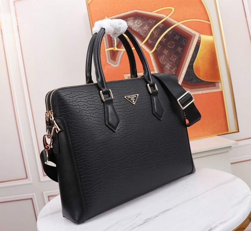 Top counter rats high-end goods 2023 latest hot models Prada double zipper imported head layer cowhide handheld briefcase hot models a large number of shipments, clamoring counter goods   top original single goods   pape