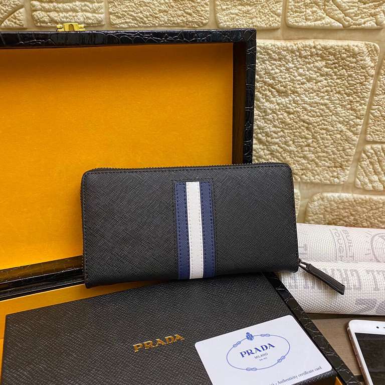 Prada original quality men's wallet ML318 cross grain cowhide synchronized fine lines top leather pull head black Size 20x10.5x2.5cm with gift box