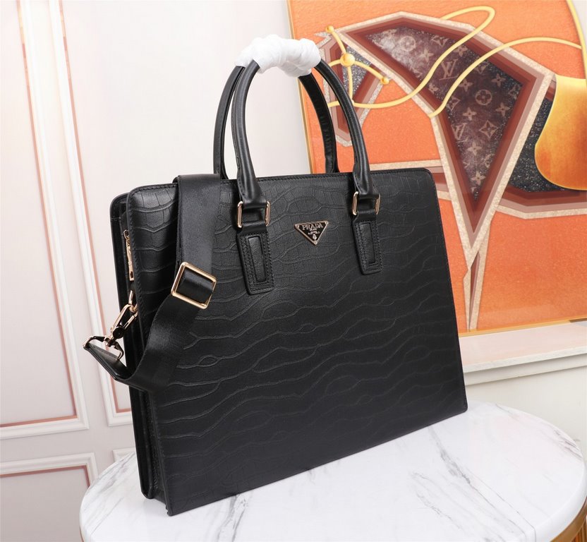 【Top Original Quality】 2022 Newest Prada Briefcase The original European imported cowhide outlines the iconic lines of crocodile pattern, made with imported equipment, fashionable and trendy, counter quality, more zipper