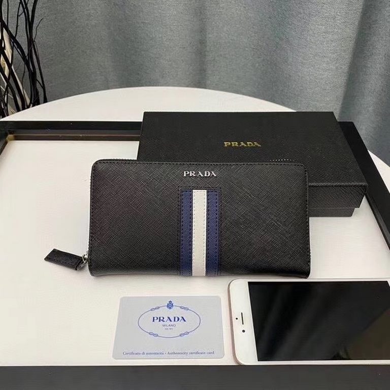 Prada original quality men's wallet ML318 cross grain cowhide synchronized fine lines top leather pull head black Size 20x10.5x2.5cm with gift box