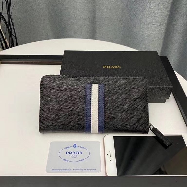 Prada original quality men's wallet ML318 cross grain cowhide synchronized fine lines top leather pull head black Size 20x10.5x2.5cm with gift box