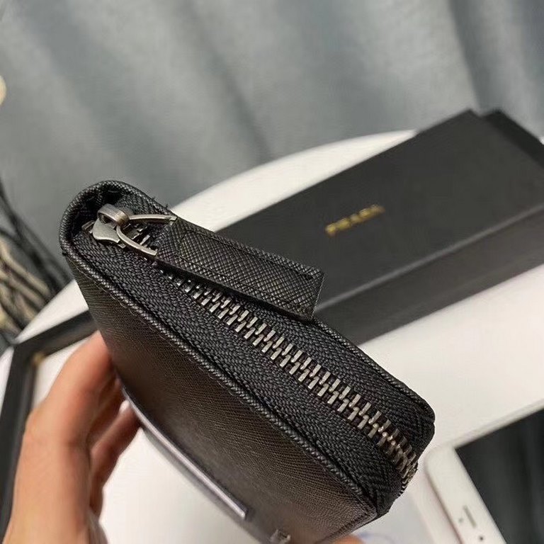 Prada original quality men's wallet ML318 cross grain cowhide synchronized fine lines top leather pull head black Size 20x10.5x2.5cm with gift box